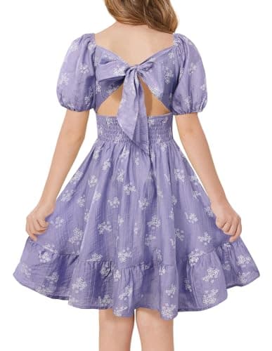 GRACE KARIN Girls Summer Tie Back Dress Square Neck Lantern Sleeve Ruffle Hem Elegant Dresses Purple 12Y - Image 1