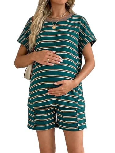 BLENCOT Maternity Two Piece Sets for Women Summer Short Sleeve Tops Pregnancy Elastic Waist Shorts Pajamas Cute Comfy Soft Lounge Striped Pjs Green M - Image 1