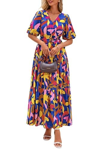 PRETTYGARDEN Women's Summer Maxi Dress 2026 Resort Wear Boho Floral V Neck Puff Short Sleeve Ruffle Flowy Beach Long Dresses(Dark Blue Multi Floral,Large) - Image 1