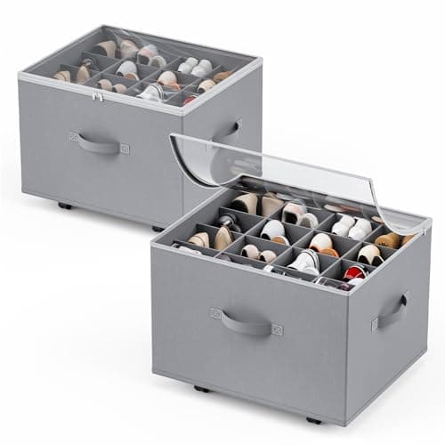 HOUSE AGAIN Shoe Organizer for Closet, 2 Pack Shoe Storage Organizer with Wheels, Foldable Shoe Storage Box with Adjustable Dividers and Clear Cover, Reinforced Handles, Fits up to 16-32 Pairs, Gray - Image 1