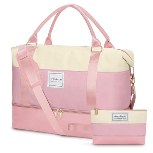 WOOMADA Weekender Bags for Women, Carry On Overnight Bag with Toiletry Bag, Personal Item Travel Duffel for Travel, Sports, Hospital(Beige&Pink) - Image 1