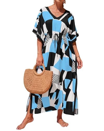 Bsubseach Kaftan Dresses for Women Plus Size Swimsuit Coverup Batwing Sleeves Beach Cover Up with Drawstring Beach Dresses Blue - Image 1