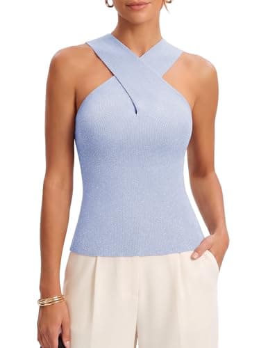 DRESSTELLS Criss Cross Halter Tops for Women Knit Sleeveless Tank Top Sweater Vest Summer Blouse Sparkly Date Night Outfits 2026 Blue XL - Image 1