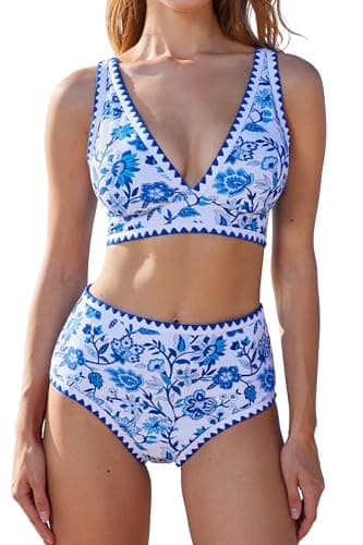 MOOSLOVER Women Bikini Sets Plunging High Waisted Swimsuit Whip Stitch 2 Piece Bathing Suits(S,Blue Floral) - Image 1