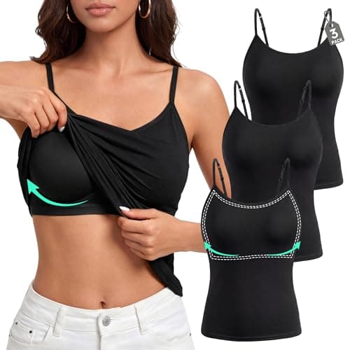 leviace 3 Pack Padded Camisole Tops for Women - Double Lined Adjustable Spaghetti Strap Built-in Bra Shirts Sleeveless Layering Cami Basic Tank Top Fitted Summer Cloth Undershirt 2026, Black, S - Image 1