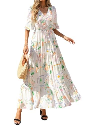 BTFBM Womens Summer Dresses 2026 Spring Casual Short Sleeve v Neck Boho Floral Flowy A-Line Tiered Maxi Dress Pockets(Floral White Multi, Medium) - Image 1