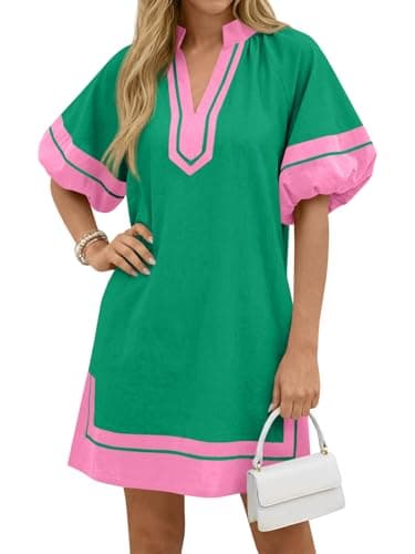 Wenrine Womens Summer Mini Dress Puff Sleeve Casual V Neck Color Block Side Slit Loose Shirt Dresses with Pockets Green - Image 1