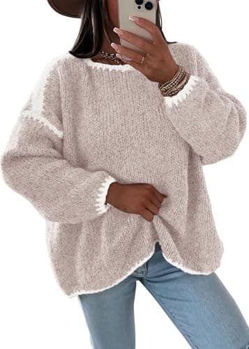 KIRUNDO Womens Sweaters 2026 Fall Oversized Long Sleeve Chunky Knit Crew Neck Contrast Stitching Pullover Winter Clothes(Apricot, Large) - Image 1