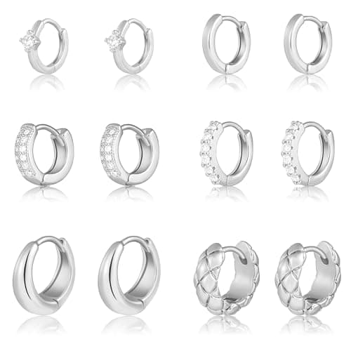 Wgoud Small Gold Hoop Earrings Set for Women, 6 Pairs 14K Gold Plated Hypoallergenic Lightweight Huggie Hoops Earrings, Trendy Cartilage Cubic Zirconia Earrings for Women Gifts. (E-Silver hoops) - Image 1