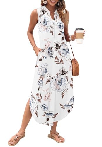AUSELILY Plus Size Womens Summer Casual Maxi Dresses 2026 Sleeveless Long Beach Dresses V Neck Loose Sundresses with Side Split Pockets Floral White 3XL - Image 1