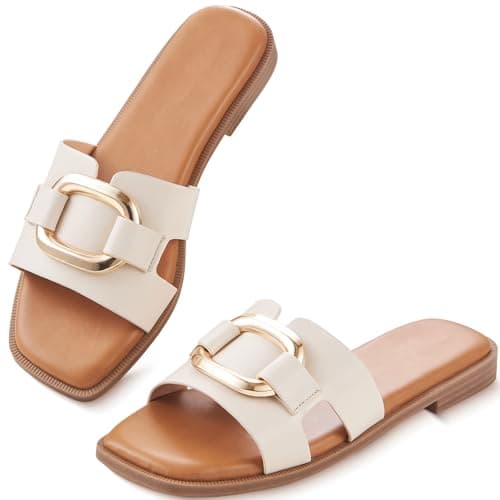 YTSKJ Womens Sandals Slip On Flat for Summer Comfortable Ladies Dressy Fashion Square Open Toe Slides Faux Leather Casual Shoes with Metal Decor Beige Size 10 - Image 1