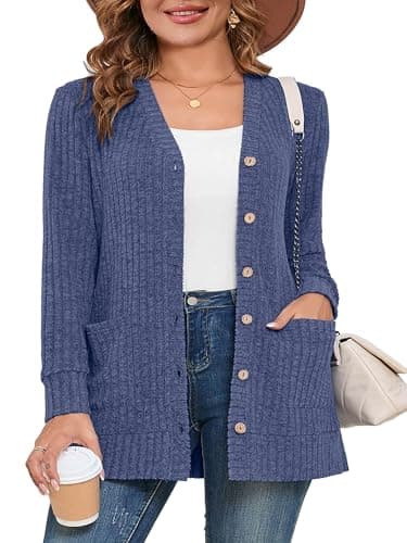 AusLook Plus Size Women Long Sleeve Cardigan 2X Blue Open Front Button Down Lightweight Casual Sweater Cover Ups Shrugs Shawls and Wraps Kimono Jacket Coat with Pockets - Image 1
