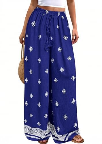 PRETTYGARDEN Women's Wide Leg Palazzo Pants 2026 Summer Boho Floral Trousers Spring Flowy Beach Vacation Clothes Resort Wear (Royal Blue,X-Large) - Image 1
