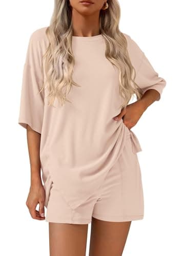 KIRUNDO 2 Piece Sets for Women Summer Lounge Sets Casual Oversized Tshirts Shorts Matching Airport Travel Outfits Postpartum(Beige, Medium) - Image 1