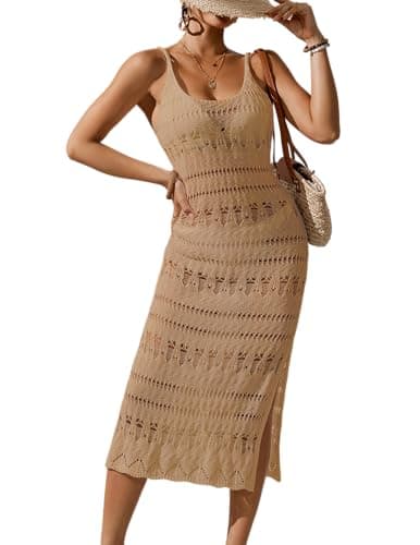 BreathSunny Womens Oversized Crochet Floral Knit Sleeveless Swimsuit Coverup Summer 2025 Scoop Neck Side Slit Swimwear Coverups Beach Swim Bikini Bathing Suit Cover Up Midi Dress Camel S - Image 1