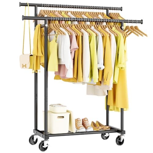 HYSEYY Double Rods Clothes Rack, Rolling Clothing Rack for Hanging Clothes Portable Wardrobe Rack, Metal Garment Rack Sturdy Coat Rack for Bedroom Laundry Living Room, Black - Image 1