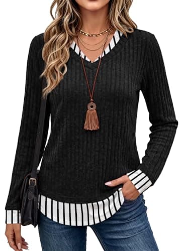 WIHOLL Womens Tops Dressy Casual Blouses Teachers Outfits Striped Black S - Image 1