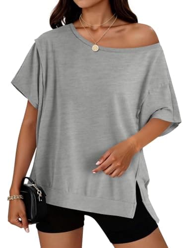 Yousify Womens Oversized T-Shirts Batwing Short Sleeve Slits Hem Tops Summer Casual Loose Fit Beach Vacation Shirts Grey - Image 1
