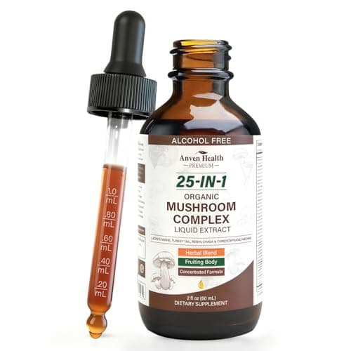 Anven Health 25-in-1 Mushroom Complex Supplement Liquid Drops with Ashwagandha, Lion's Mane, Reishi, Chaga, Cordyceps, Turkey Tail Tincture for Immunity, Energy & Cognition - Non-GMO | 2fl oz