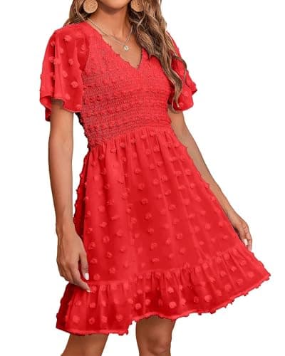 BTFBM Womens Beach Vacation Dress Summer 2026 V Neck Short Sleeve Smocked Swiss Dot Ruffle Casual Mini Spring Dresses(Red, XX-Large) - Image 1