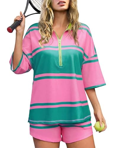 Totatuit Women Striped Workout Set Two Piece Outfit Tracksuit Oversized Lounge Set Shorts Sets with Pockets