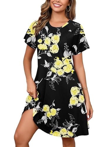 Heymoments Women's Short Sleeve Dress Floral Print Small Round Neck Casual Flowy Midi Sundress Comfy Tshirt Ladies Teachers Summer Beach Swing 2025 Novelty Boho Dresses with Pockets - Image 1