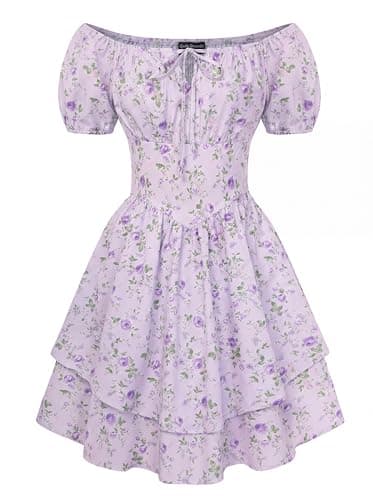 Scarlet Darkness Floral Corset Dress Summer Dresses for Women Girls 2026 Short Milkmaid Sundress with Pocket Purple L - Image 1