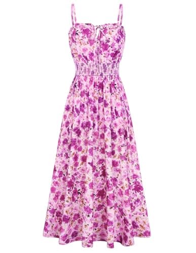 GRACE KARIN 2026 Women's Hawaiian Midi Sundress Summer Vacation Spaghetti Floral Clothes Boho Casual Dresses with Pockets Purple Floral L - Image 1