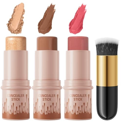 3Pcs Cream Contour Sticks Kit, Highlighter Stick Blush Stick Cream Contour Kit Makeup Set with Brush,Face Brightens & Shades Contour Stick Waterproof for Women