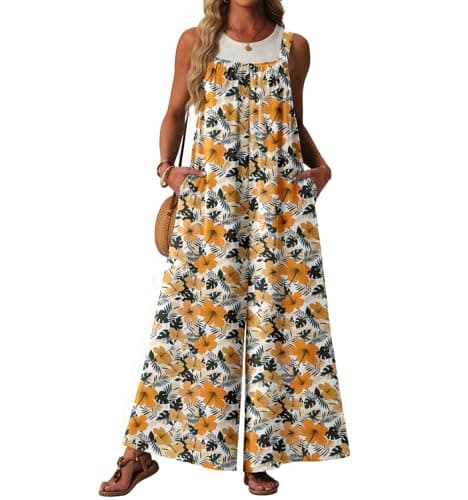 Lepunuo Womens Casual Jumpsuits Summer Boho Wide Leg Rompers Sleeveless Overalls Pleated Jumpers with Pockets - Image 1