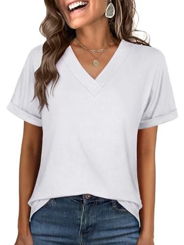 ANRABESS Womens T Shirts Short Sleeve V Neck Shirts Summer Loose Fit Dressy Tops Business Casual Blouses 2026 Basic Tees White Large - Image 1