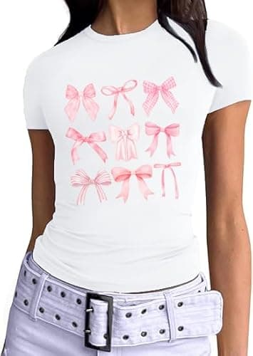 YHHR Y2k Graphic Tee Cute Bow Shirts for Women Coquette Crop Tops Baby Tee Vintage Clothes Slim Fit Trendy Country Shirt White - Image 1