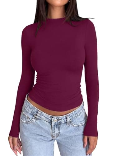 REORIA Women Mock Neck Ruched Long Sleeve Y2K Slim Fit Top Going Out Red L - Image 1