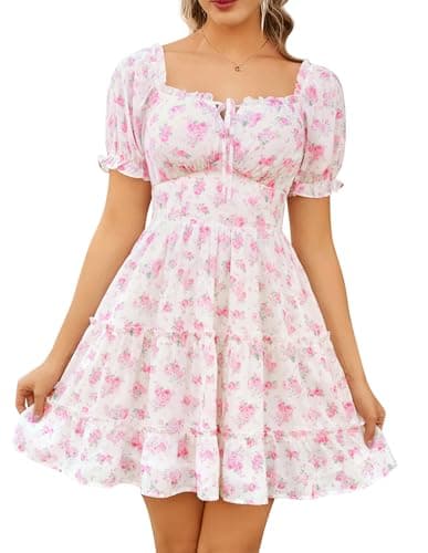 Scarlet Darkness Floral Corset Mini Dress Women Teen Summer Off Shoulder Dress Graduation Cute Sundress with Pockets White Pink S - Image 1