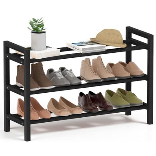 Haddockway Bamboo Shoe Rack for Closet, Free Standing Shoe Organizer with Smooth Round Rods & Convenient Handles, Stackable Shoe Storage Shelf for Entryway, Hallway(Black, 3-Tier) - Image 1