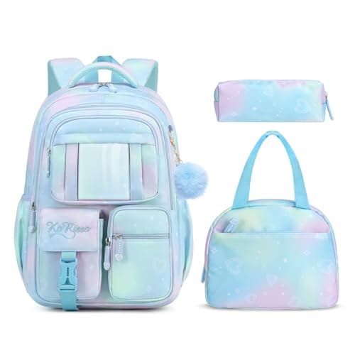 Tanou Backpack with Lunch Box for Girls, Kawaii Set School Bag for Kid Elementary Middle School, Aesthetic Laptop Bookbag Lightweight, Blue