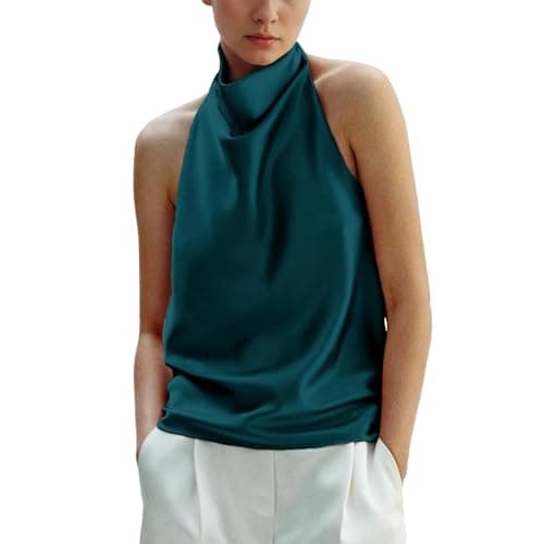 Maohao Women's Silk Satin Tank Tops Halter Draped Front Sexy Backless Womens Summer Tops Elegant Camisole Tops (Green,S) - Image 1