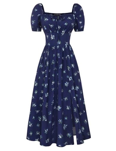 Scarlet Darkness Women's Floral Corset Dress with Split 2026 Summer Spring Square Neck Midi Milkmaid Dresses Navy Blue Floral S - Image 1