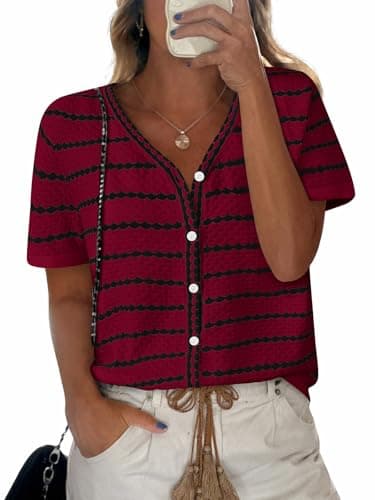 NALANISA Short Sleeve Sweaters for Women Trendy 2026 Spring Summer Tops V Neck Striped Button Up Causal Dressy Blouses (Dark Red,XL) - Image 1