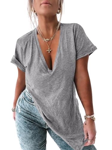 UNCLECAT Womens Deep V Neck T Shirts Short Sleeve Oversized Low Cut Side Slit Loose Fit Summer Casual Tee Tops Grey - Image 1