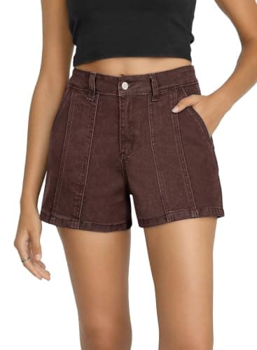 Sidefeel Shorts for Women Causal High Waisted Trendy Stretchy Seamed Front Loose Summer Denim Shorts with Pockets Coffee Size 16 - Image 1