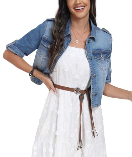 J.Corrine Women's Short Sleeve Stretch Denim Jacket Retro Button Down Cropped Trucker Jean Jackets Dark Blue L - Image 1