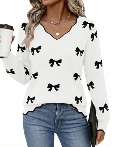 LaGracia Womens Fall V Neck Sweater 2026 Lightweight Casual Long Sleeve Ribbed Knit Pullover Sweaters Dressy Fall Outfits White-Bow L - Image 1