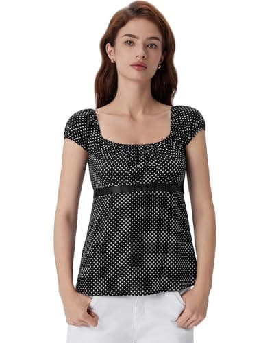 SUUKSESS Women Square Neck Babydoll Tops Summer Cute Y2K Peplum Shirts Cap Sleeve Going Out Tops(Black Polka Dots, XS) - Image 1