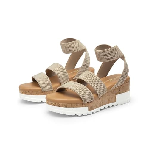 Athlefit Platform Sandals Women Open Toe Strappy Nude Wedges Elastic Ankle Strap Comfortable Flatform Sandals Size 7.5 - Image 1