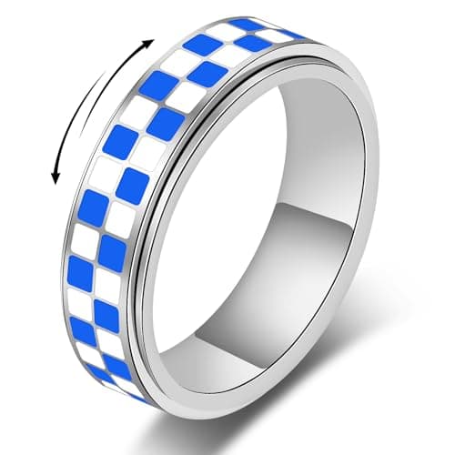 YellovEvey Fidget Spinner Checkered Anxiety Ring - Stainless Steel Silver Rings for Women, Adult Fidget Toys & Stocking Stuffers, Chessboard Anti-Anxiety Jewelry for Women Silver Size 8 Ring - Image 1