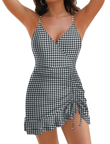 ZAFUL Womens One Piece Swimsuit Modest Tummy Control Bathing Suit Ruffle Swim Dress V Neck Drastring Swim Suits 2026 Black White Plaid XL - Image 1