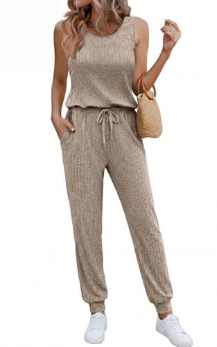 Ekouaer Jumpsuits for Women Casual Summer Sleeveless 2026 Ribbed One Piece Romper Dressy Vacation Clothes Travel Outfits Khaki XL - Image 1