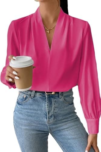 EVALESS Women Blouses Interview Shirts Womens Long Sleeve Blouses V Neck Office Shirts Business Professional Top Summer Dressy Casual Outfits Tshirts for Women B Rose X-Large - Image 1