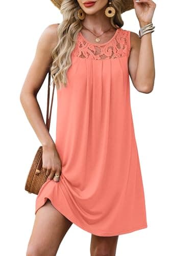 BKRIVE Beach Cover Ups for Women Sleeveless Sundress Vacation Summer Mini Casual Dress Pleated Coral S - Image 1